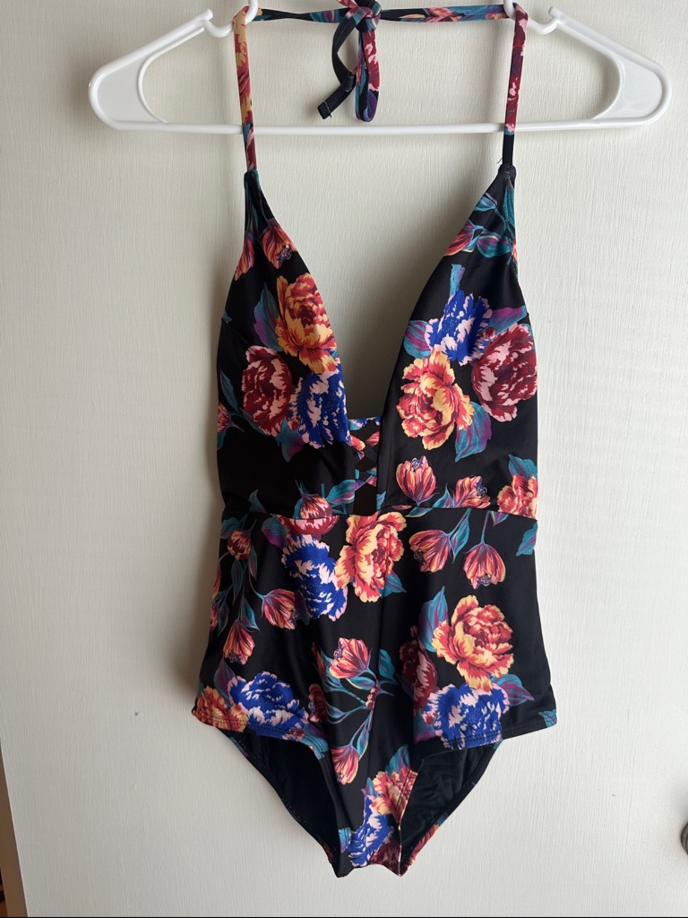 Black Floral One-Piece Swimsuit with Deep V and Cutout